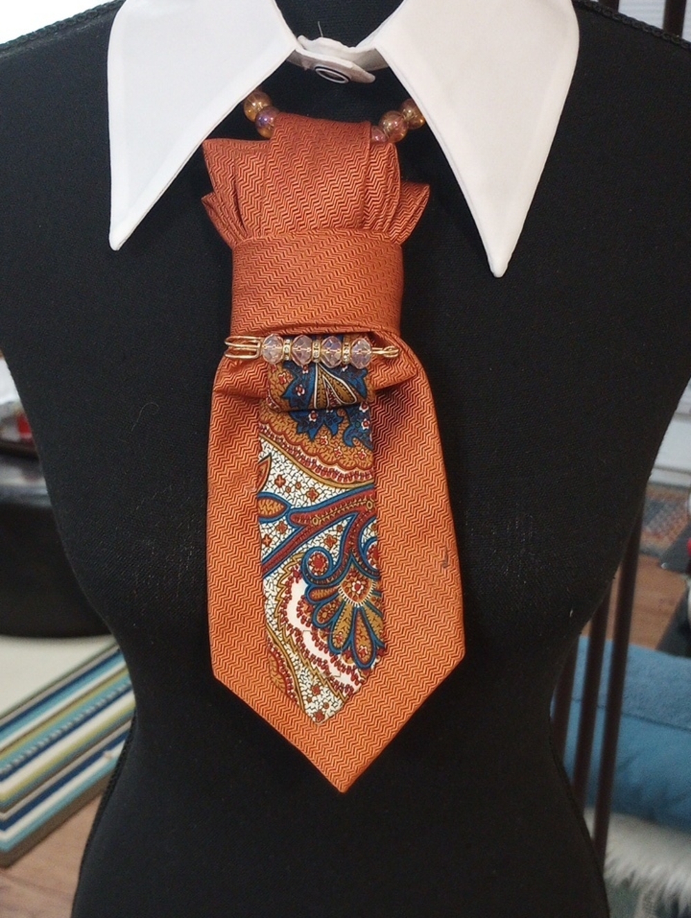 Orange Paisley Cravat Women's Necktie Necklace